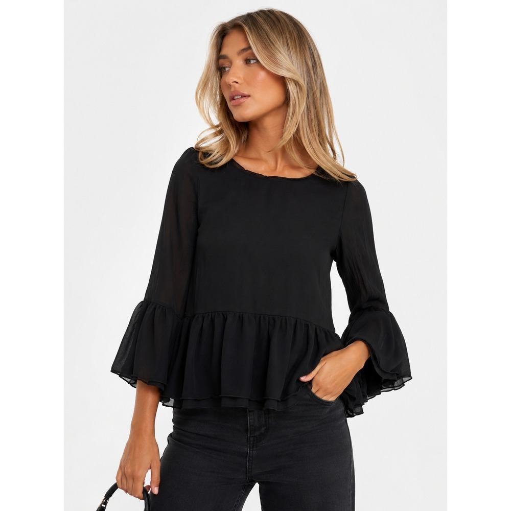 Amour Vert 100% Silk Black Chiffon Ruffle Sleeve Peplum Blouse Made in USA S